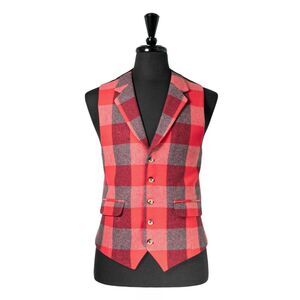 Mens Plaid Check Vest 42R Red Gray Wool Waistcoat Large Formal Wedding Party